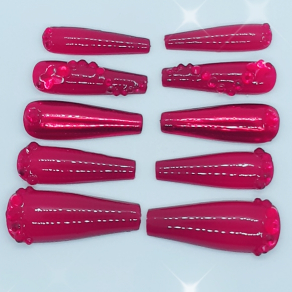 Red Chrome Rhinestones Press on Nails - Picture 2 of 5